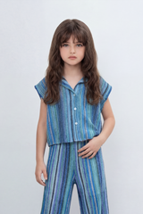 Girl's Tomato Store Prism Stripe Co-Ord Set With Allover Space Dyed Stripe Pattern Raised Rib Texture Outfit