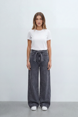 Women’s Tomato Store Tie Waist Wide Leg Jeans Acid Wash Pants Self Fabric Belt Detail