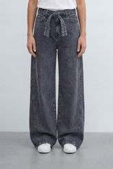 Women’s Tomato Store Tie Waist Wide Leg Jeans Acid Wash Pants Self Fabric Belt Detail