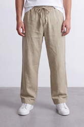 Men's Tomato Store Linen Blend Pants Elastic Drawstring Waist Natural Woven Texture Wide Leg