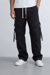 Men's Stacked Utility Pockets Unique Double Flap Elasticated Drawstring Waist Smart Casual Soft Waterproof Cargo Pants