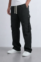Men's Stacked Utility Pockets Unique Double Flap Elasticated Drawstring Waist Smart Casual Soft Waterproof Cargo Pants