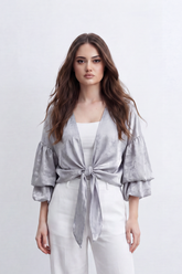 Women’s Tomato Store Gloss Tie Layer Top Shiny Blouse Crushed Surface Draped Front Knot Back Waist Tie Detail Relaxed Cropped Shape
