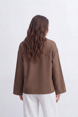 Women’s Tomato Store Grid Cutwork Blouse Laser Eyelet Texture Across The Front Panels Patch Pocket Detail