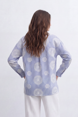 Women’s Tomato Store Bloom Spiral Stripe Blouse Vertical Pinstripe Pattern Detailed Raised Circular Floral Embroidery