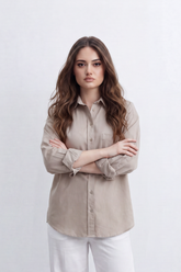 Women’s Tomato Store Soft Utility Blouse Washed Plain Surface With Subtle Grain Depth Button