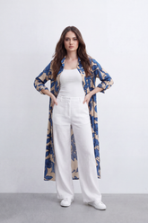 Women’s Tomato Store Botanical Duster Blouse Leaf Print Covers The Full Length Front And Back Soft Matte Texture Button Front Longline Flowing Shape