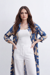 Women’s Tomato Store Botanical Duster Blouse Leaf Print Covers The Full Length Front And Back Soft Matte Texture Button Front Longline Flowing Shape