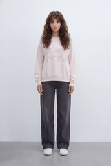 Women’s Tomato Store Soft Script T-Shirt With Brushed Fleece Surface Raised Bouclé Embroidery Front Placement Tonal Letter Artwork