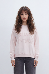 Women’s Tomato Store Soft Script T-Shirt With Brushed Fleece Surface Raised Bouclé Embroidery Front Placement Tonal Letter Artwork