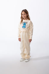 Girl’s Stitch Print Cropped Slim Fit Melton Crew Neck Outfit Set