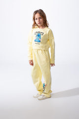 Girl’s Stitch Print Cropped Slim Fit Melton Crew Neck Outfit Set