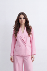 Women’s Tomato Store Soft Formal Outfit Tailored Co-Ord Set Plain Matte Surface Double Button Wrap Detail Wide Leg Shape Front Pleat Lines