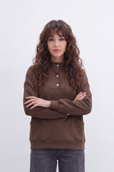Women’s Tomato Store Snap Panel Sweatshirt Smooth Matte Surface With Front Button Placket Detail Relaxed