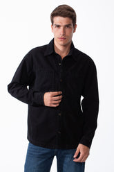 Men's Classic Pointed Collar Full Button-Down Front Chest Pockets Distressed Edges Slim Fit Gabardine Shirt