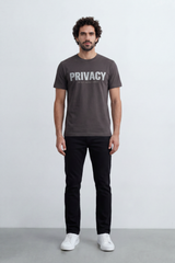 Men’s Tomato Store Privacy Statement Graphic T-Shirt Front Bold Typography Print Distressed Lettering Slim Fit