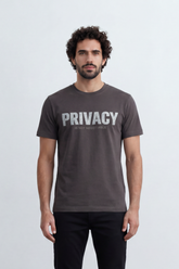 Men’s Tomato Store Privacy Statement Graphic T-Shirt Front Bold Typography Print Distressed Lettering Slim Fit