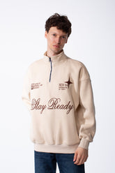 Men's Quarter-Zip Mock Neck Chest Tonal Embroidery Script Graphic Details Oversized Melton Sweatshirt
