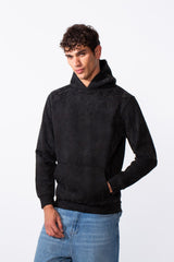 Men's tie-dye long sleeve slim fit hood sweatshirt in black with a subtle marble pattern.