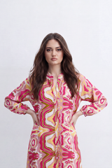Women’s Tomato Store Kaleido Flow Maxi Dress Allover Mirrored Abstract Print Creates Bold Resort Look