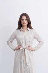 Women’s Tomato Store Linear Belted Shirt Dress Vertical Stripe Pattern Runs Full Length Over A Soft Crinkle