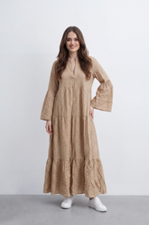 Women’s Tomato Store Eyelet Tiered Maxi Dress Crinkled Surface With Allover Cutwork Dot Embroidery Button Front Detail