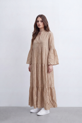 Women’s Tomato Store Eyelet Tiered Maxi Dress Crinkled Surface With Allover Cutwork Dot Embroidery Button Front Detail