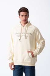 Men's Drawstring Hood Large Kangaroo Pocket With Bold Print Unique Distressed Seam Details Along Arms Regular Fit Melton Sweatshirt
