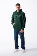 Men's Drawstring Hood Large Kangaroo Pocket With Bold Print Unique Distressed Seam Details Along Arms Regular Fit Melton Sweatshirt