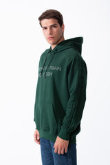 Men's Drawstring Hood Large Kangaroo Pocket With Bold Print Unique Distressed Seam Details Along Arms Regular Fit Melton Sweatshirt