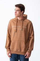 Men's Drawstring Hood Large Kangaroo Pocket With Bold Print Unique Distressed Seam Details Along Arms Regular Fit Melton Sweatshirt