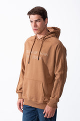 Men's Drawstring Hood Large Kangaroo Pocket With Bold Print Unique Distressed Seam Details Along Arms Regular Fit Melton Sweatshirt