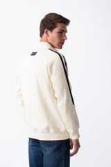 Men's High Stand-Up Collar Full Length Silver Zipper Contrasting White Stripes Along Sleeves Sporty Track Slim Fit Sweatshirt