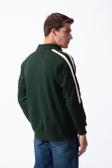 Men's High Stand-Up Collar Full Length Silver Zipper Contrasting White Stripes Along Sleeves Sporty Track Slim Fit Sweatshirt