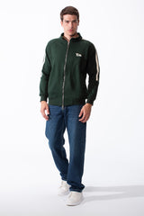 Men's High Stand-Up Collar Full Length Silver Zipper Contrasting White Stripes Along Sleeves Sporty Track Slim Fit Sweatshirt