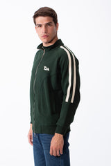 Men's High Stand-Up Collar Full Length Silver Zipper Contrasting White Stripes Along Sleeves Sporty Track Slim Fit Sweatshirt