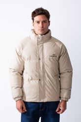 Men's High Stand Collar Full Front Zipper With Snap Buttons Side Pockets Small Chest Logo Detail Puffer Thermal Leather Pox Fit Jacket