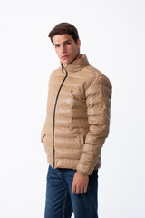 Men's High Stand-Up Collar Detailed With Contrasting Black Full Length Zipper Elasticated Cuffs Two Side Entry Pockets Puffer Jacket