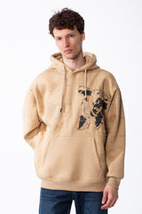 Men's Heavyweight Oversized Sweatshirt Chest Raw-Edged Map Applique Print Classic Kangaroo Pocket