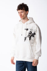 Men's Heavyweight Oversized Sweatshirt Chest Raw-Edged Map Applique Print Classic Kangaroo Pocket