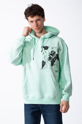 Men's Heavyweight Oversized Sweatshirt Chest Raw-Edged Map Applique Print Classic Kangaroo Pocket