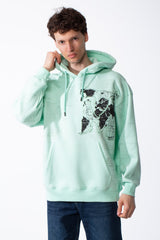 Men's Heavyweight Oversized Sweatshirt Chest Raw-Edged Map Applique Print Classic Kangaroo Pocket