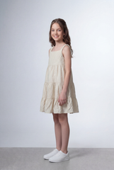 Girl's Tomato Store Tiered Linen Dress Textured Fabric Surface Square Neck Design Ruffle Strap Detail Flowy Layered