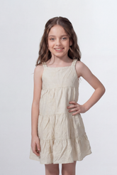 Girl's Tomato Store Tiered Linen Dress Textured Fabric Surface Square Neck Design Ruffle Strap Detail Flowy Layered