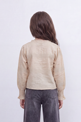 Girl's Tomato Store Prairie Smock Blouse Delicate Dobby Stripe Texture Smocked Front Panels Button Detail Ruffle Edge Slim Fit