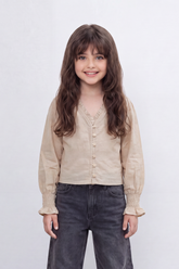 Girl's Tomato Store Prairie Smock Blouse Delicate Dobby Stripe Texture Smocked Front Panels Button Detail Ruffle Edge Slim Fit