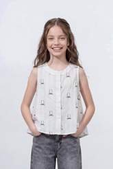 Girl's Tomato Store Printed Sleeveless Blouse Button Front Design Subtle Textured Fabric Delicate All Over Print Designed