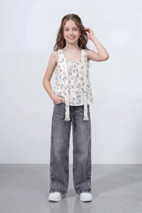 Girl's Tomato Store Floral Print Sleeveless Linen Slim Fit Blouse Neckline Decorative Tassel Tie Details