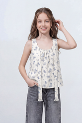 Girl's Tomato Store Floral Print Sleeveless Linen Slim Fit Blouse Neckline Decorative Tassel Tie Details