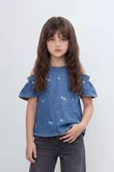 Girl's Tomato Store Summer Denim Cold-Shoulder Slim Fit Blouse Daisy Embroidery Smocked Shoulder Detail Flared Sleeves